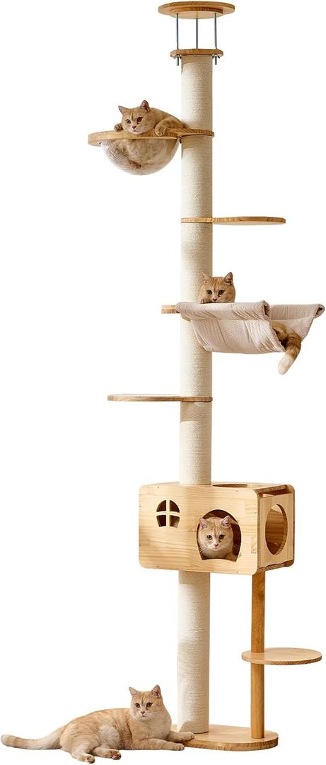 HITTITE Solid Wood Floor to Ceiling Cat Tree, 6 Tier 90.55"-118.11" Cat Climbing Tower with Sisal Scratching Post, Tall Cat Tree Tower with Condo Capsule and Cozy Hammock for Indoor Cats.