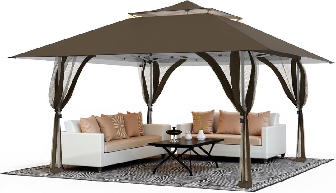 Favofamilie13x13 FT Pop Up Canopy, Instant Setup Gazebo with 4 Sidewall, Wheeled Carry Bag, 4 Sandbags & 4 Ropes, UV-Resistant Top, Heavy Duty Outdoor Shelter for Backyard Camping Events, Brown