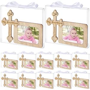 Yookeer 12 Set Baptism Picture Frame Catholic Baptism Gifts Wood Photo Frame Baby Shower Favors with Gift Box and Satin Ribbon Bows for Religious First Communion Decor, 2.6 x 1.8 Inch Photo