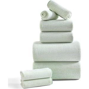 8-Piece Premium Towel Set for Bathroom|2 Oversized Large Bath Sheet,2 Hand Towels,4 Washcloths|Soft Cozy Highly Absorbent Fast Dry Microfiber Shower Towel Set for Hotel Bathroom Essentials,Green White