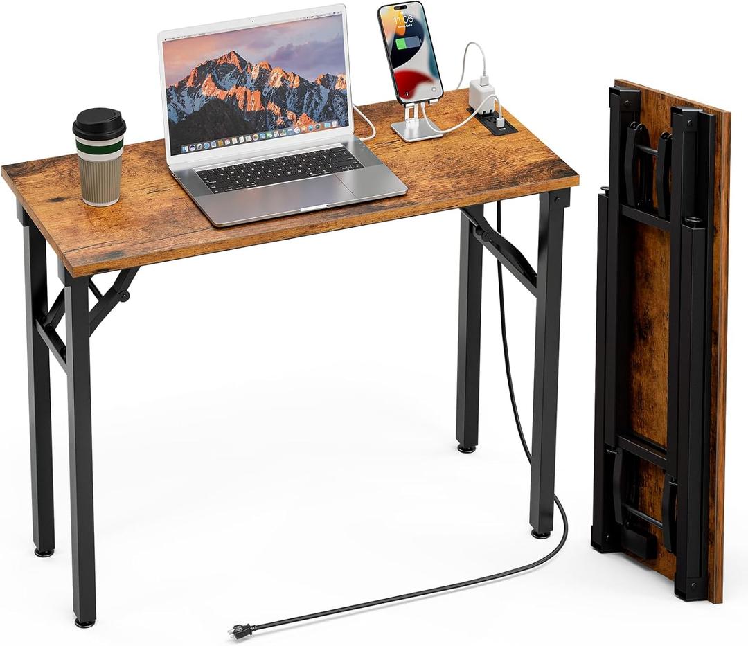 Small Computer Desk Folding Table - No Assembly, Compact 36" Foldable Desk with Power Outlets & USB Charging Port, Portable Small Office Desk, Ideal Mini Study Table for Narrow Spaces, Brown