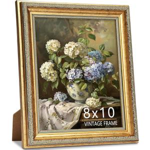 8x10 Picture Frame, Ornate Vintage Gold Photo Frames with HD Glass for Wall Hanging and Tabletop Display, 8 x 10 Antique Photo Frame with Distressed Rust-Like Finish, Retro Home Decor