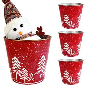 4 Pcs Christmas Metal Buckets for Gifts, 5.7" Red Galvanized Tin Candy Bucket Beverage Tub for Xmas Decor Home Storage Table Centerpiece, Farmhouse Pails Christmas Tree Planter Pot (Christmas Tree)