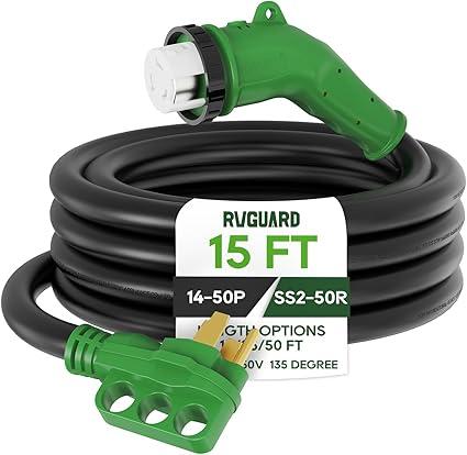 RVGUARD 50 Amp 15 Foot RV Power Cord with 135 Degree, 14-50P to SS2-50R Generator Extension Cord, Heavy Duty STW Cord with LED Power Indicator, Green, ETL Listed
