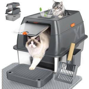 Extra Large Stainless Steel Litter Box with Lid, High Sided Enclosed Metal Cat Litter Pan, Dog Proof Front Entry Top Exit, Odor Control Easy Clean Leak Proof, Includes Mat, Scoop & Step, Grey