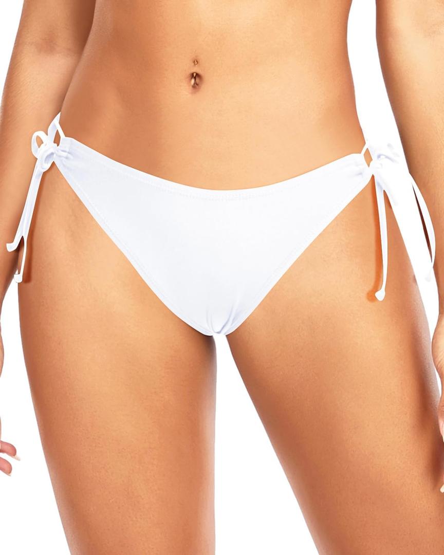 Zmart Women String Tie Side Bikini Bottoms Moderate Coverage Swimsuit Bottom Low Waist Low Rise Bathing Suit (X-Small, White)