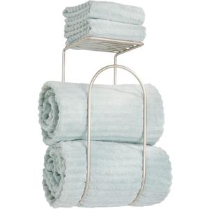mDesign Modern Metal Wire Wall Mount Towel Rack Holder and Organizer with Storage Shelf - for Bathroom Towels, Washcloths, Hand Towels - Decorative Curved Design - Satin