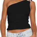 BAIGRAM Women Sleeveless Y2K Beaded Buckle One Shoulder Crop Tank Tops Asymmetric Ruched Slim Fit Summer Boho Going Out Tops Black (L)