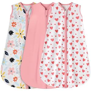 BSTOPPT 3 Pack Baby Sleep Sack 18-24 Months 100% Rayon Cotton Baby Sleeping Bag 2-Way Zipper Toddler Wearable Blankets Comfy Stretchy Lightweight TOG 0.3（Heart&Pink&Floral）