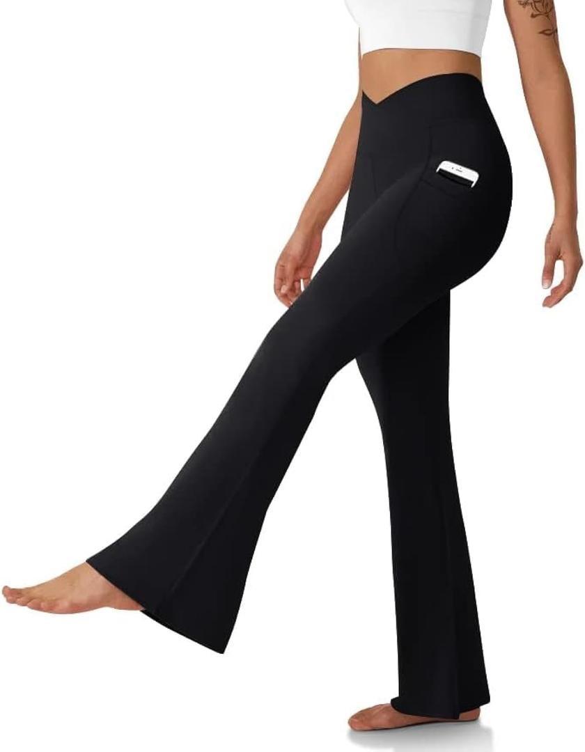 DLOODA Women's Flare Leggings with Pockets Crossover High Waisted Bootcut Yoga Pants Tummy Control Bell Bottom Leggings (Black, XL)
