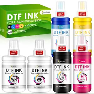 Upgraded Auto-Fill DTF Ink - 700ML DTF Transfer Ink for Epson ET-8550 ET-8500 Printers, Heat Transfer Printing Ink Set 100ml x 4 CMYK, 150 x 2 White (Anti-UV/ICC-Free)
