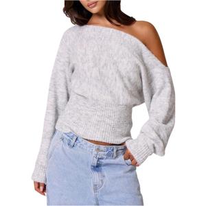 Milumia Women's Off The Shoulder Sweater Long Sleeve Cinched Waist Fall Knit Tops Knitwear Grey X-Small