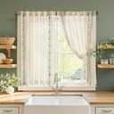 jinchan Small Window Curtains 45 Inch Length Linen Cafe Curtains for Kitchen Bathroom Bordered Floral Embroidered Short Drapes Rustic Farmhouse Light Filtering Curtain Set 2 Panels Green on Beige