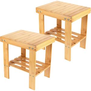 PINGEUI 2 Packs 13 Inches Bamboo Step Stool, NonSlip Small Seat, Durable Footrest Bench With Storage Shelf for Bathroom, Bedroom, Kitchen