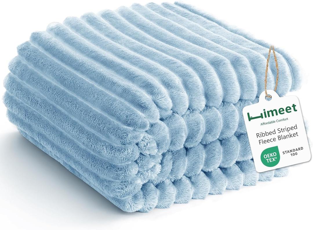 Light Blue Ribbed Throw Blanket for Couch - 300GSM Lightweight Soft Fleece Blanket for Women Men, Cozy Blankets for Mothers Gifts, Striped Spring Home Room Decor, Light Blue, 50x60 Inches