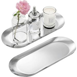 Silver Decorative Tray, 2 PCS Bathroom Vanity Tray for Dresser Counter, Elegant Jewelry Dish Tray for Decor, Silver Platter Serving Tray Organizer for Perfume Trinket Key Candle, Stainless Steel, Oval