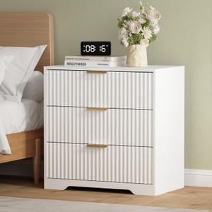 Furnulem Fluted Night Stand with 3 Drawers White Bedside Table for Bedroom, 26'' Wide Wooden Nightstand Modern Furniture for Entryway, Hallway, 1 pcs