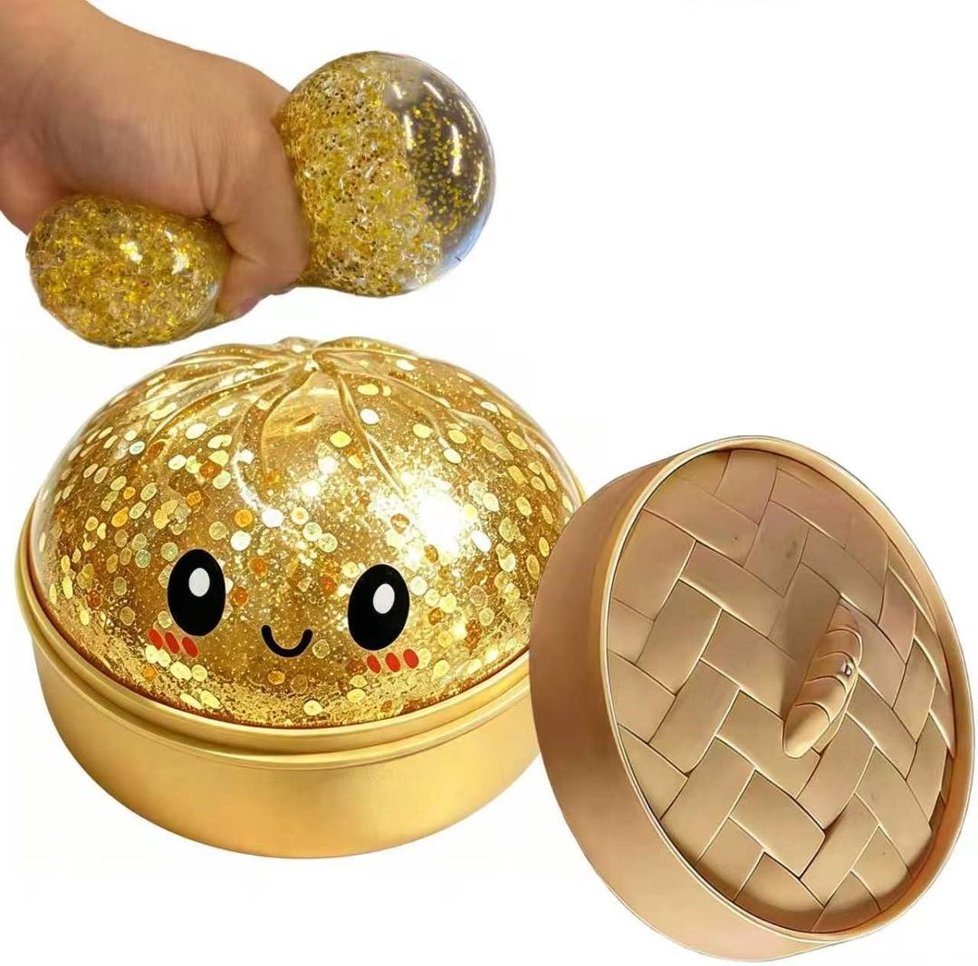 Glitter Dumpling Squishies,Stress Relief Mystery Glitter Dumpling Squishies Box Soft Squeeze Stress Balls. (Gold Glitter)