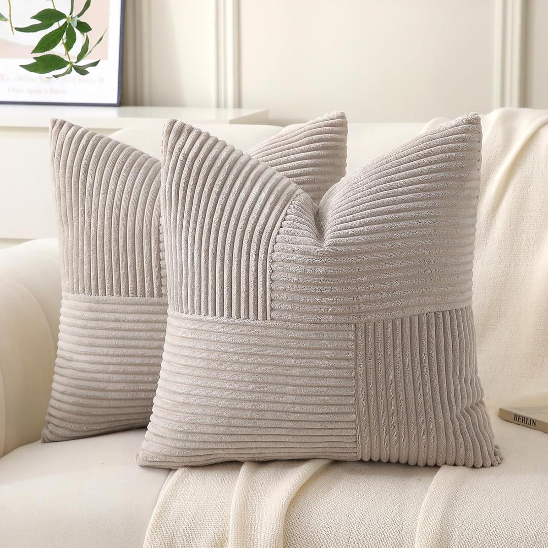 Taupe Throw Pillow Covers 22x22 inch,Pack of 2 Soft Corduroy Cushion Covers with Patchwork Textured,Farmhouse Home Decor,Boho Decorative Cushion Case for Couch Bed Sofa Living Room