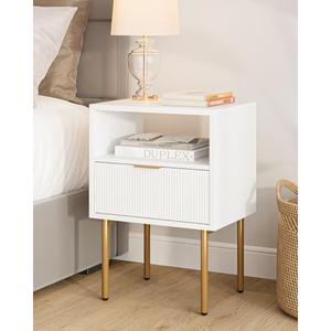 Masupu Nightstand,Mid-Century Modern Bedside Table with Storage Drawer and Open Wood Shelf,Small Gold Frame Side Table for Bedroom,Living Room,White