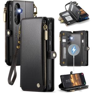 Defencase for Galaxy S25 Magnetic Wallet Case Compatible with Magsafe with RFID Blocking Zipper & Card Holder for Women Men, PU Leather Detachable Phone Case for Samsung Galaxy S25 6.2 inches, Black