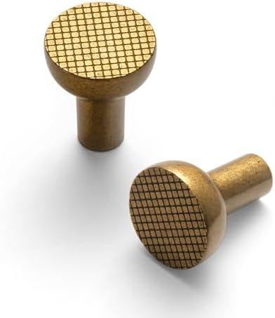 Goo-Ki 6 Pack Antique Brass Cabinet Knobs - Mushroom-Shaped with Geometric Diamond Texture, Cylindrical Stem & Antique Patina for Vintage Farmhouse Kitchen Furniture