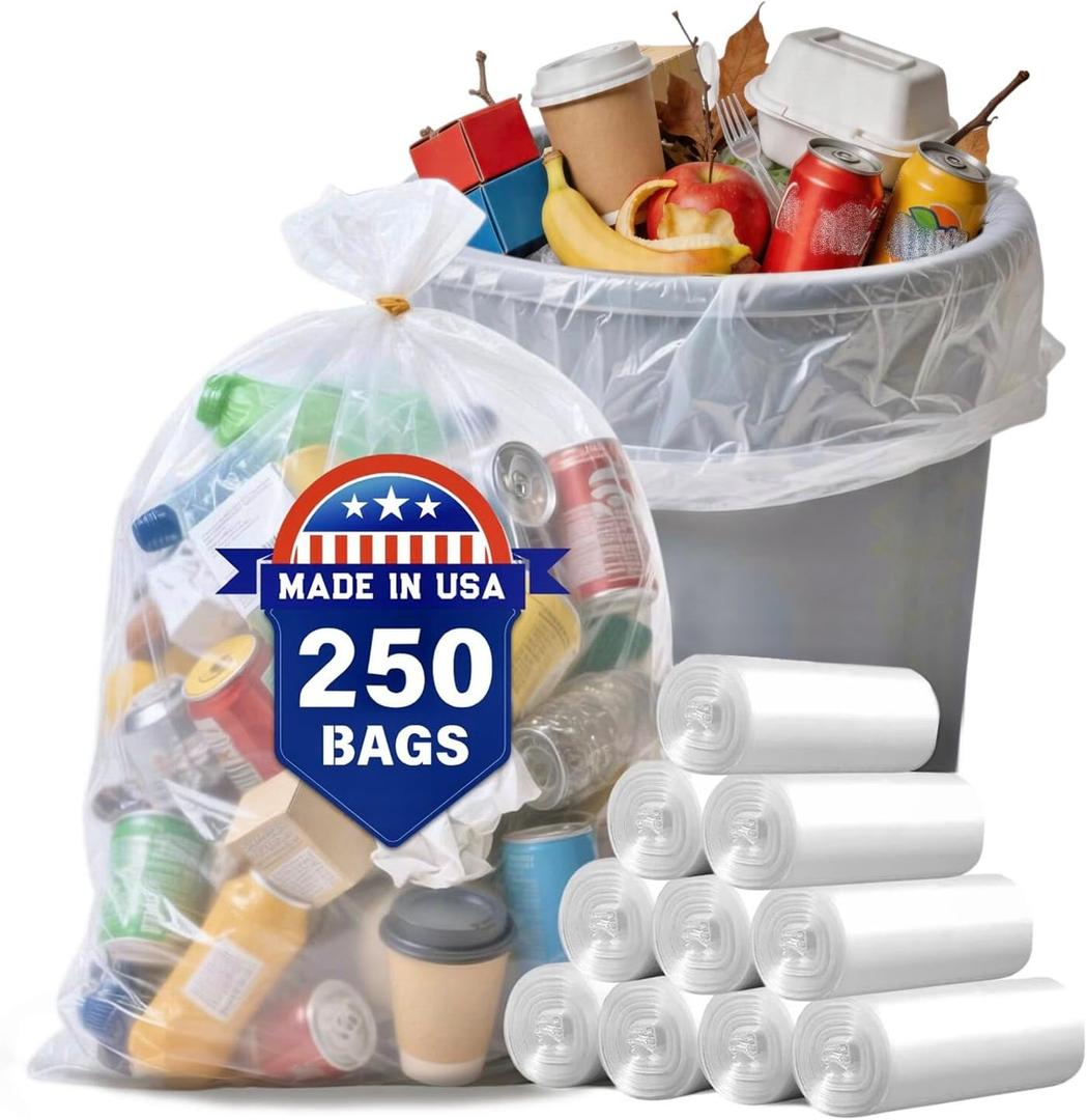 30 33 35 Gallon Clear Trash Bags, 250 Count High Density Garbage Bags, Made in USA, Recycling Trash Can Liners, Puncture-Resistant Plastic Waste Bags for Kitchens Yards Offices Commercial
