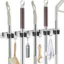 IMILLET Broom Holder Wall Mounted, Stainless Steel Broom Mop Holder Self Adhesive Heavy Duty Hooks Storage Organizer for Home Laundry Room Garden Garage Closet Kitchen 1 Pack（5 Racks with 4 Hooks）