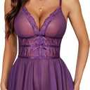 Avidlove Lingerie for Women One Piece Teddy Lace Bodysuit Sexy Babydoll V Neck Mesh Sleepwear (Purple, XXL)
