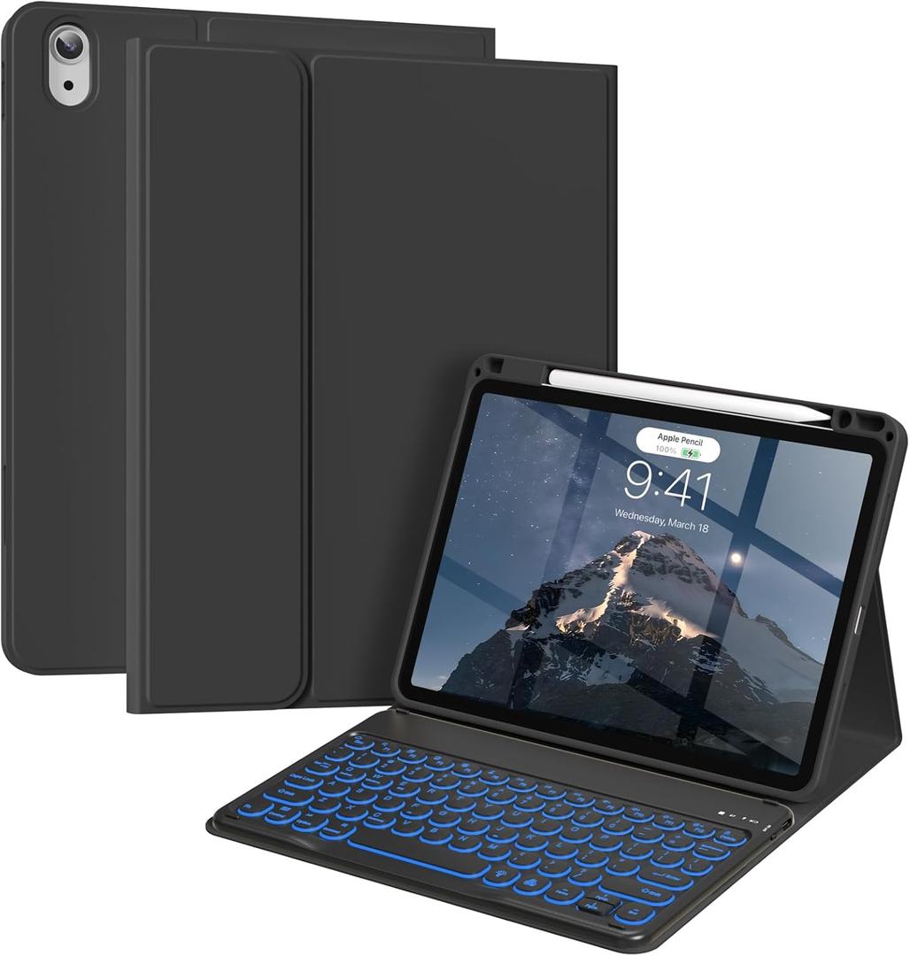 Aoub Keyboard Case for iPad Air 11-Inch M3/M2 2025/2024, iPad Air 5th/4th Gen 2022/2020, 7 Color Backlit, Folio Detachable Wireless Bluetooth Keyboard Cover Soft TPU Back Case with Pencil Holder-Black