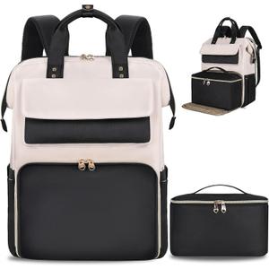 BERTASCHE Lunch Backpack for Women, 15.6 Inch Laptop Backpack with Insulated Cooler Lunch box, Work Backpack for Teacher Nurse Travel College Picnic, Black-Beige