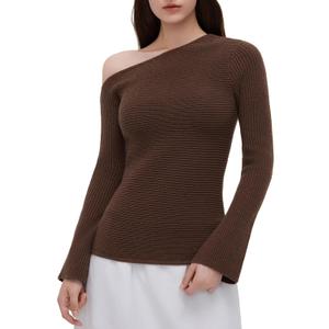OMKAGI Off the Shoulder Fall Sweaters for Women Trendy Slim Fit Ribbed Knit Long Sleeve Top (Brown, M)