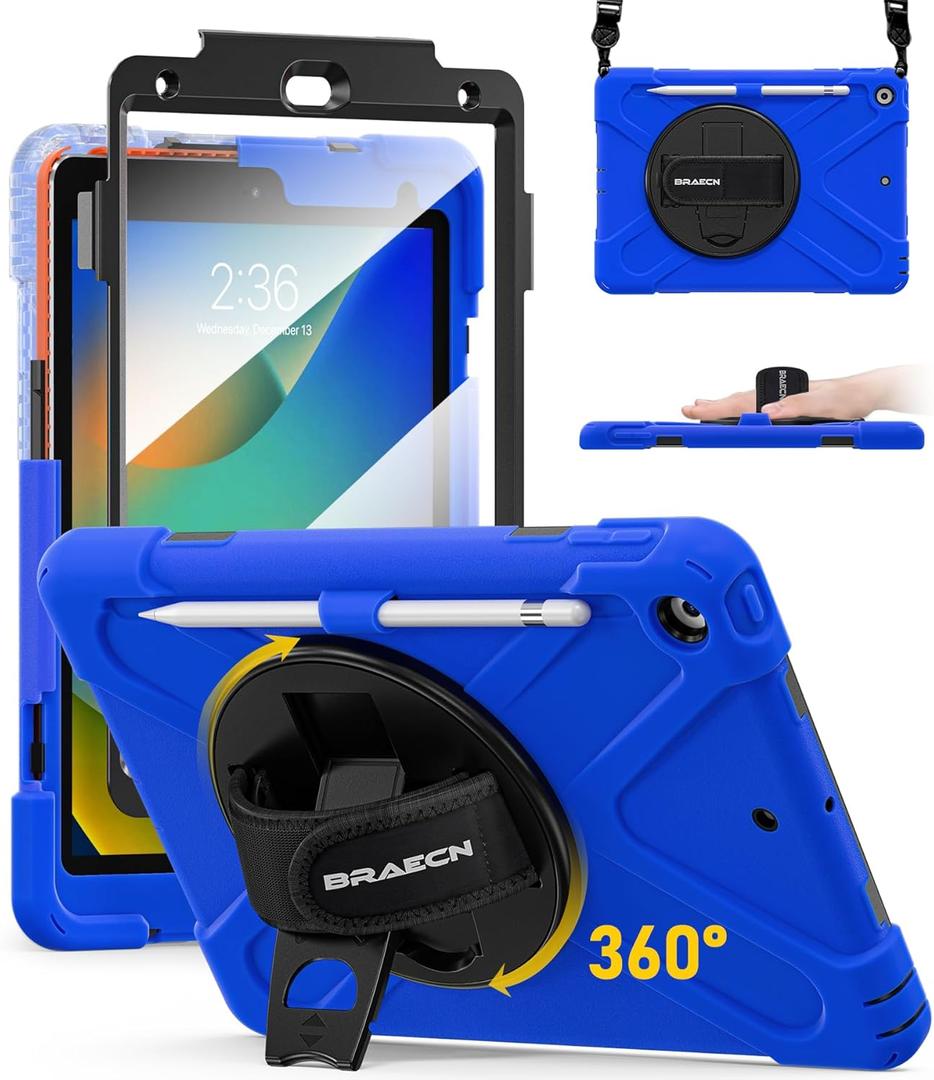BRAECN for iPad 9th/8th/7th Generation Case,Heavy Duty Shockproof Case with Screen Protector, Pencil Holder, Pencil Cap Holder, Hand Strap, Kickstand,Shoulder Strap for iPad 10.2 Inch 2021/2020/2019 (Blue)