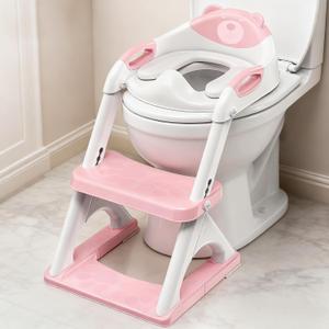 SKYROKU Potty Training Seat for Toddlers  2-in-1 Adjustable potty ladder with Step Stool, Anti-Slip Cushion, Splash Guard & Extra-Wide Pedals, Supports 200+ lbs, Ideal for Boys & Girls (8899-Pink)