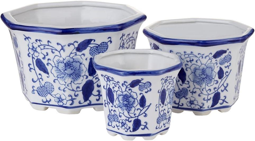 HakkaGirl Ceramic Planter, Chinoiserie Decor Ceramic Flower Pots Plant Pots Indoor with Drainage for Orchid Succulent or Small Plants, Blue and White, Set of 3
