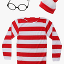 Adult Men Red and White Striped Tee Shirt Glasses Hat Outfit Suit Set, Halloween Cosplay Sweatshirt Eyewear Costume Size M