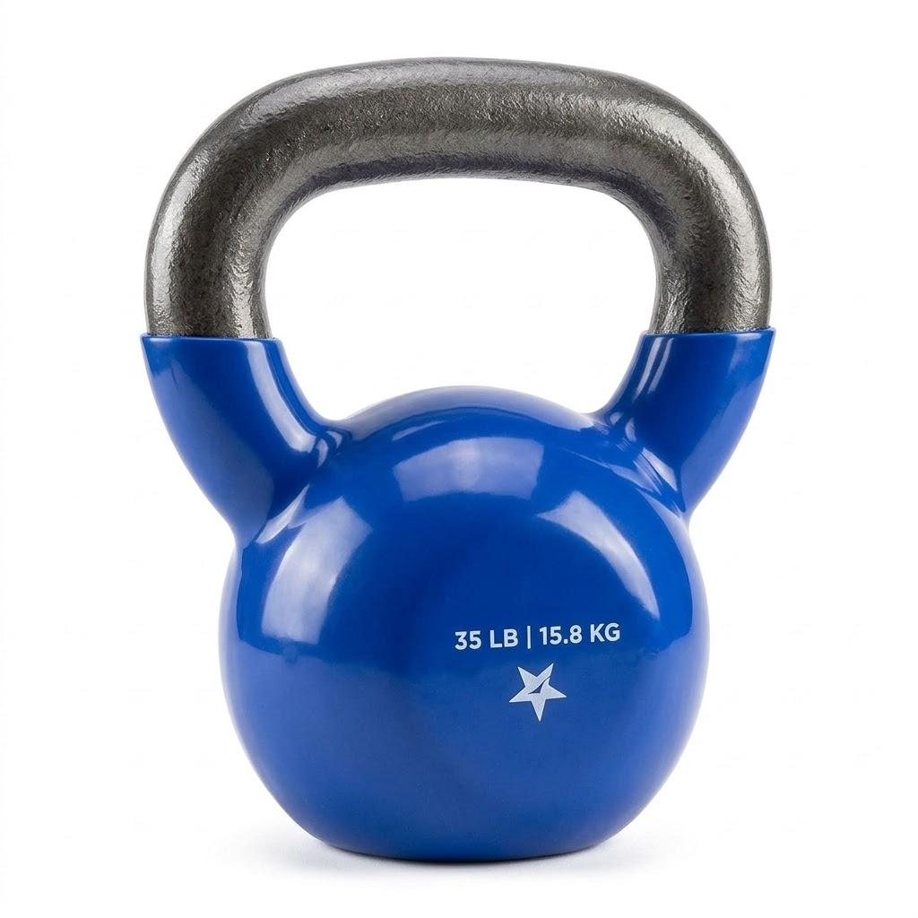 35 LB / 15.8 KG Blue Vinyl Coated Cast Iron Kettlebell with Solid Steel Handle