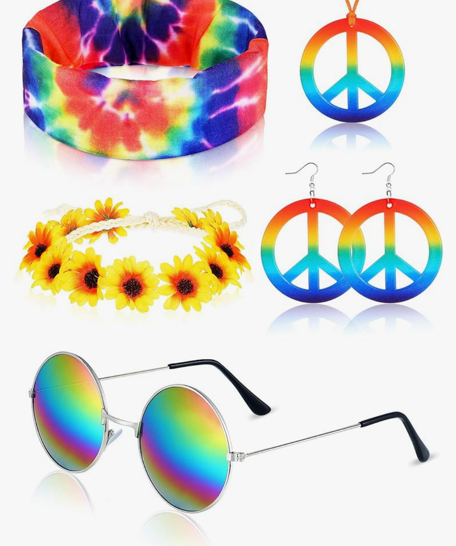 5 Pieces Hippie Costume Set Glasses Headband Peace Sign Earrings Necklaces Tie Dye Bandana Hippie Accessories for 60s 70s