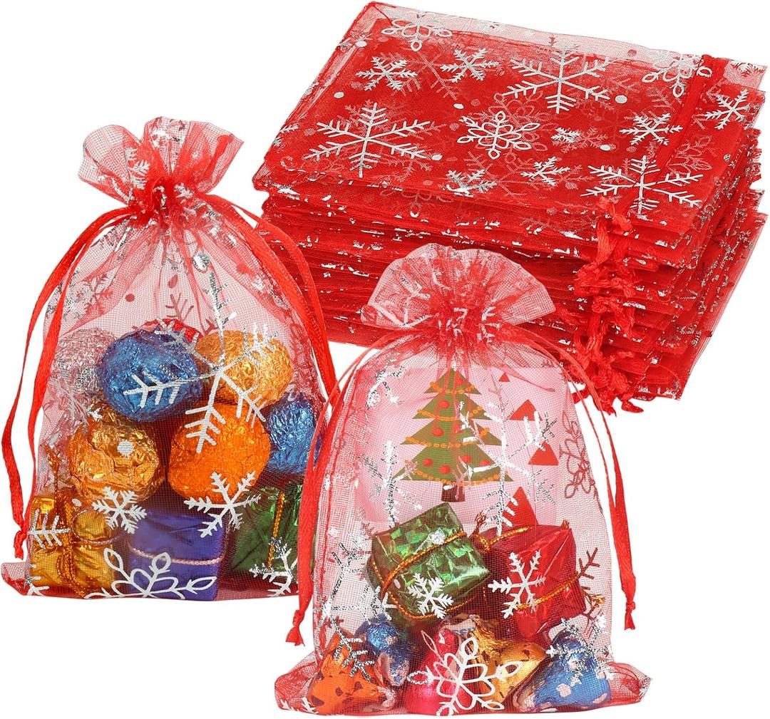 HRX Package 100pcs Snowflake Organza Bags Christmas 4x6 inch, Red Drawstring Mesh Gift Pouches for Jewelry Candy Party Favor