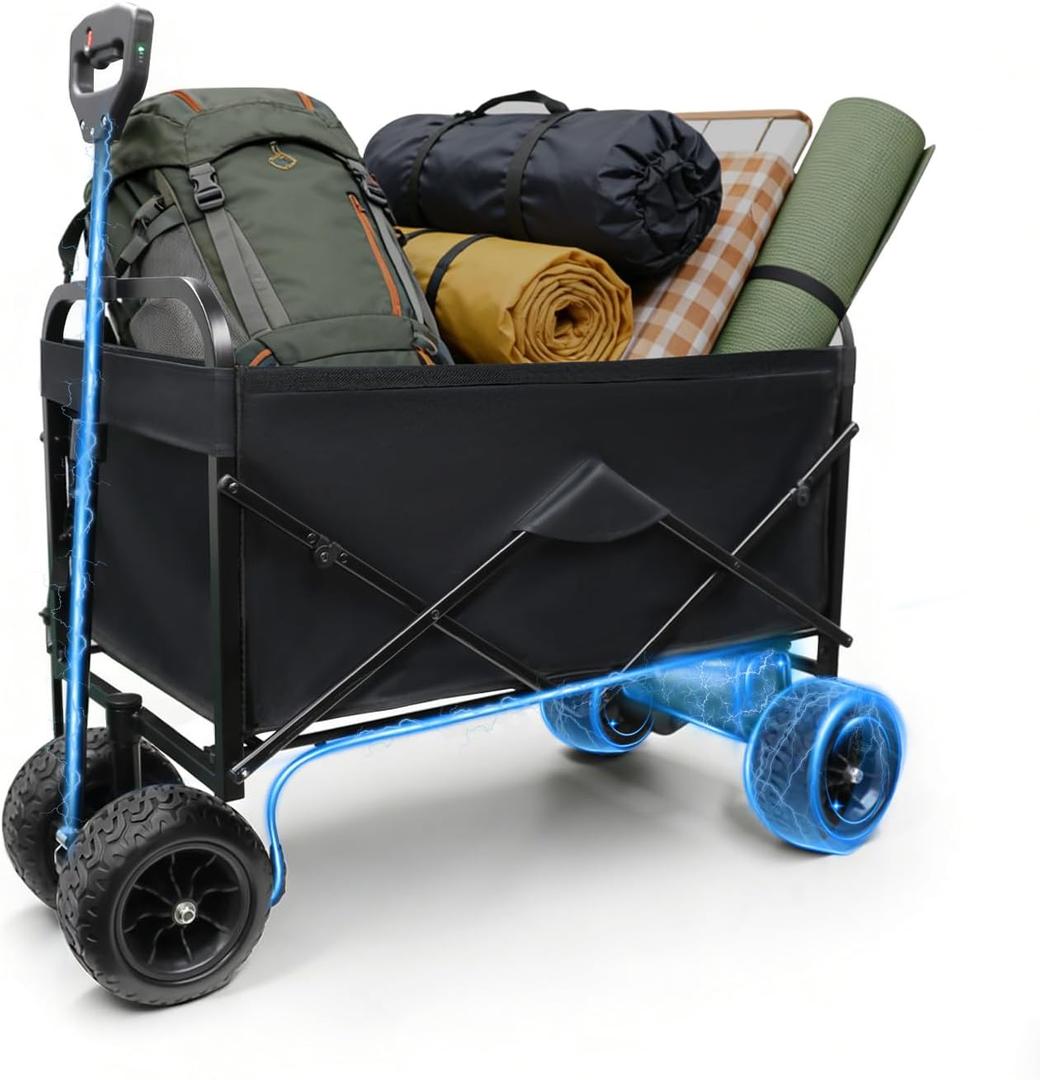 Electric Camping Wagon 350LBS Capacity, 300L Large Foldable Utility Cart with Dual Batteries, All Terrain Off-Road Motorized Hauler for Beach Camping Outdoor Travel Black