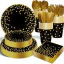 175PCS Black and Gold Paper Plates Party Supplies for 25 Guests Disposable Party Decorations Dinnerware Golden Dot Black Paper Plates Napkins Cups Gold Plastic Forks Knives Spoons for Parties