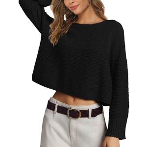 PRETTODAY Women's Crew Neck Knit Sweater Long Sleeve Textured Ribbed Casual Loose Cropped Pullover Tops (Black, M)