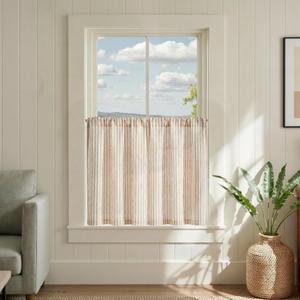 jinchan Striped Linen Kitchen Curtains 30 Inches Length Tier Curtains Farmhouse Modern Cafe Style Small Window Treatments Airy Light Filtering Rod Pocket for Living Room Bathroom 2 Panels Tan