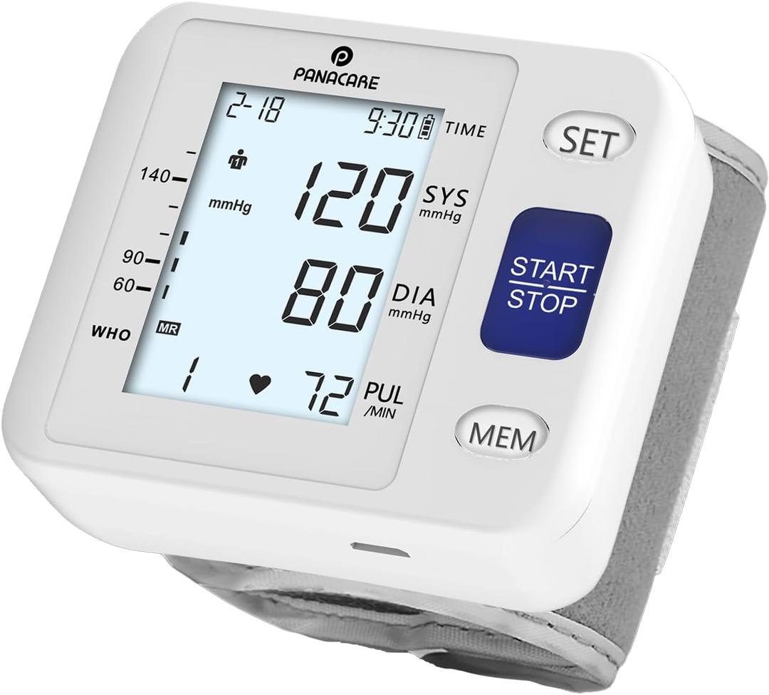P PANACARE Wrist Blood Pressure Monitor for Home Use, Large LCD Backlit Display, Portable and Lightweight, 298 Memory Storage for 2 Users with Carrying Case