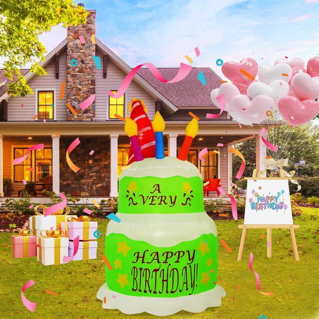 4FT Green Inflatable Birthday Cake with LED Lights for Outdoor Party Decoration