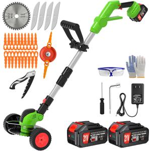 Electric Cordless Weed Wacker Eater Battery Powered,21V/4.0Ah Lightweight No-String Weed Trimmer with 2 Battery Operated& Wheels,3 in 1 Stringless Grass Trimmer/Edger/Brush Cutter for Garden Yard Lawn