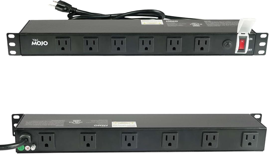 Tecmojo 1U Rackmount Network-Grade PDU Power Strip, 12 Wide-Spaced Right Angle Outlets, Circuit Breaker 12A (UL Certified 12A) 6ft Cord w/ 5-15P Plug, Black