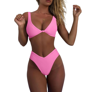 geluboao Bikini Set for Women Solid V Neck Knot Front Push Up High Leg Thong Two Piece Swimsuit, M