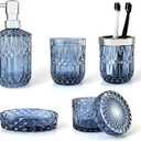 Blue Bathroom Accessories Set, 5Pcs Clear Glass Bathroom Set, Bathroom Hand Soap Dispenser Set, Soap Dish, Toothbrush Holder Set, Qtip Holder, Vanity Bathroom Decor, Set