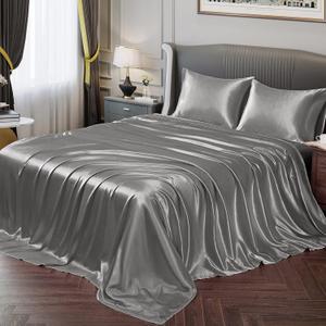 Vonty Satin Sheets Queen Silky Soft Satin Bed Sheets Misty Gray Sheet Set, 1 Deep Pocket Fitted Sheet + 1 Flat Sheet + 2 Pillowcases